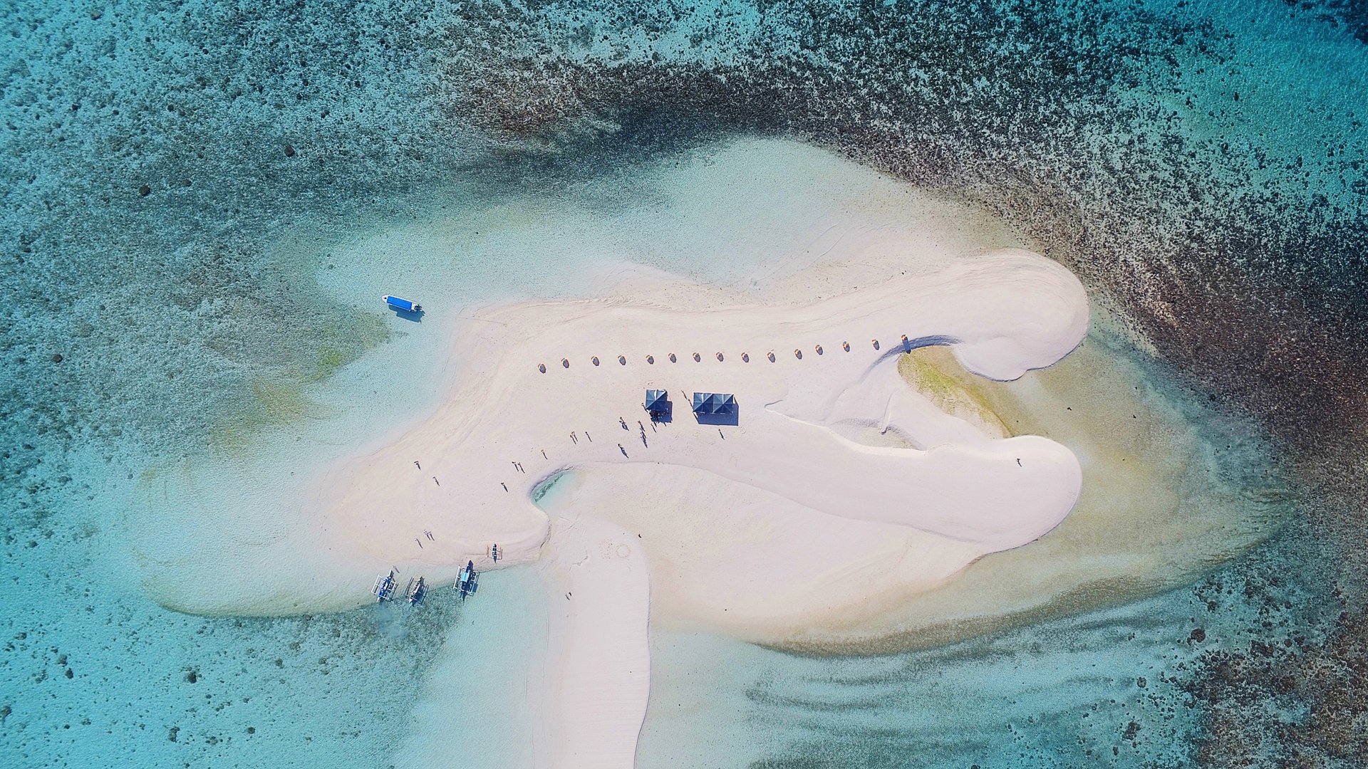Aerial view of White Island sandbar with Mount Hibok-Hibok in Camiguin, Philippines